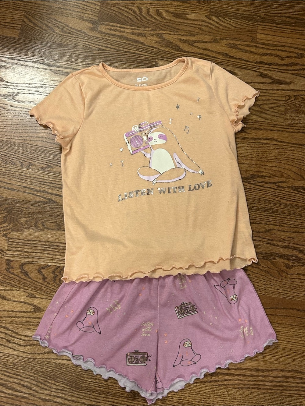 SO Girls Peach & Lavender Sloth 'Listen With Love' Pajama Set